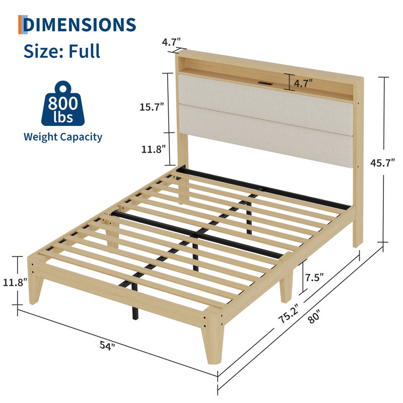 Full Size Boucle Bed Frame with Charging Ports  and LED Lights, Boucle Bed Frame with Full Storage Headboard, Noise-Free Heavy Duty Support, Beige