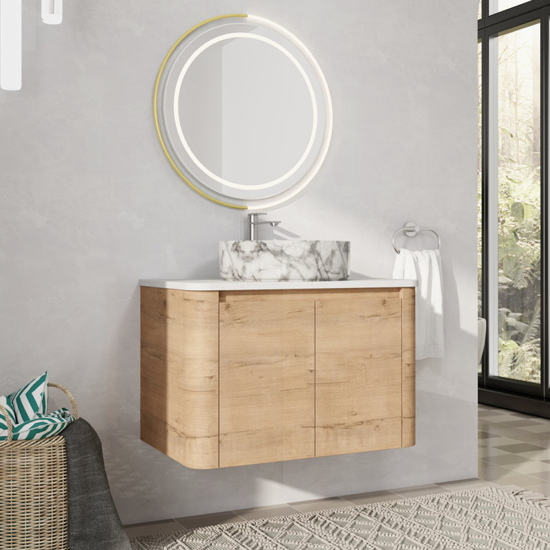 Meuble-lavabo mural simple avec lavabo en céramique, 30", Blanc / Gris