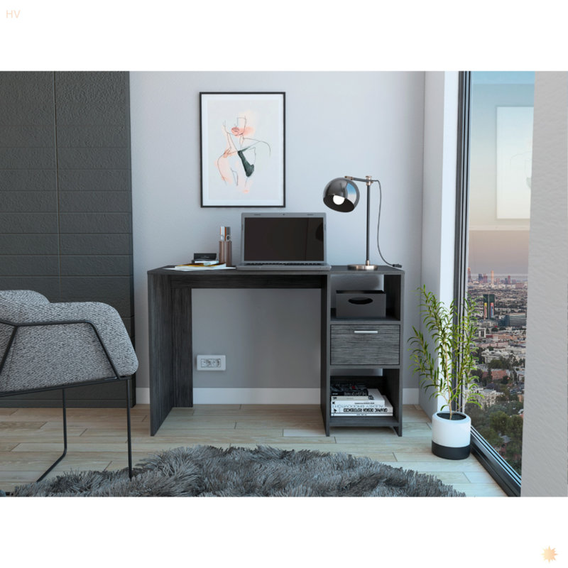 Bureau d'ordinateur, un tiroir, deux tablettes, Gris, H 28,62 po x l 43,36 po x P 16,96 po