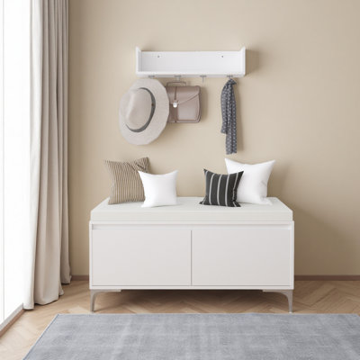 Wall-Mounted Entryway Shelf With Hooks And Storage Bench Set, Modern Shoe Cabinet With Cushion And Closed Storage For Hallway, Bedroom, Or Mudroom