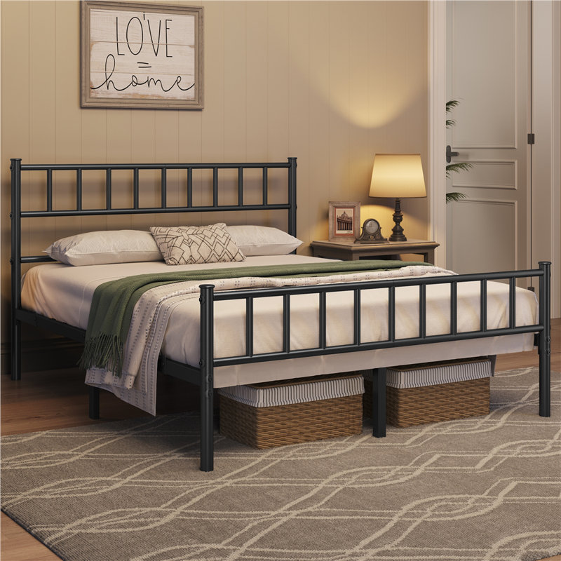 Minimalist Metal Bed Frame with Slatted Headboard, Double (4'6), Black