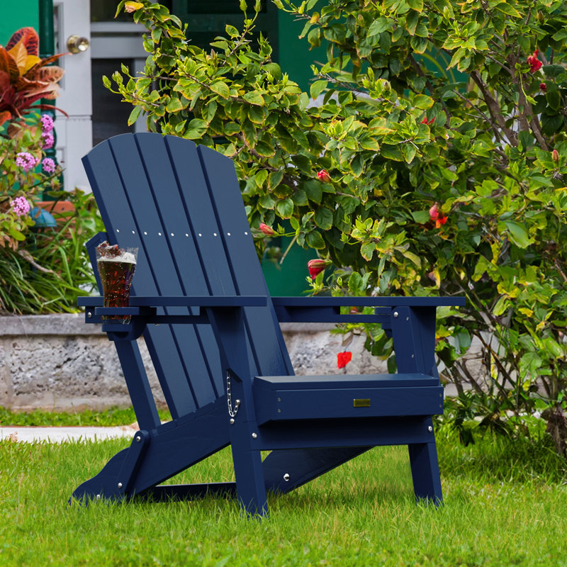 Nimitz All Weather Outdoor Folding HDPE Plastic Adirondack Chair With Cup Holder Fire Pit Chairs Oversized Patio Chair
