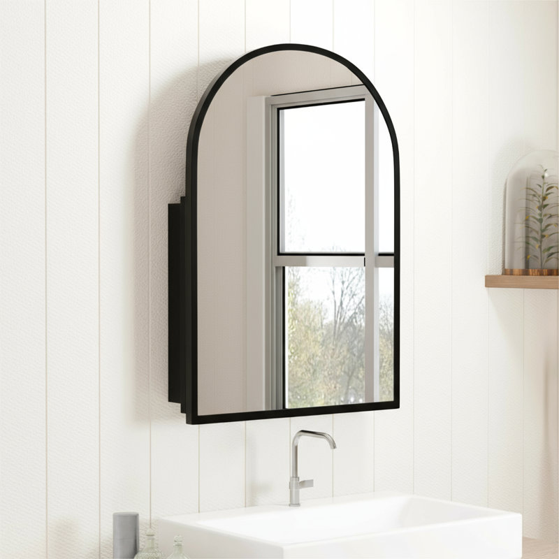 30"W×39"H Recessed or Surface Mount Arch Medicine Cabinet with Mirror with Metal Frame with Adjustable Shelf, Black