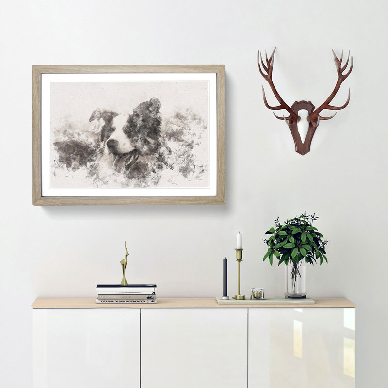 Border Collie Dog in a Meadow - Picture Frame Graphic Art Print, 36cm H x 48cm W x 2cm D, Oak Framed
