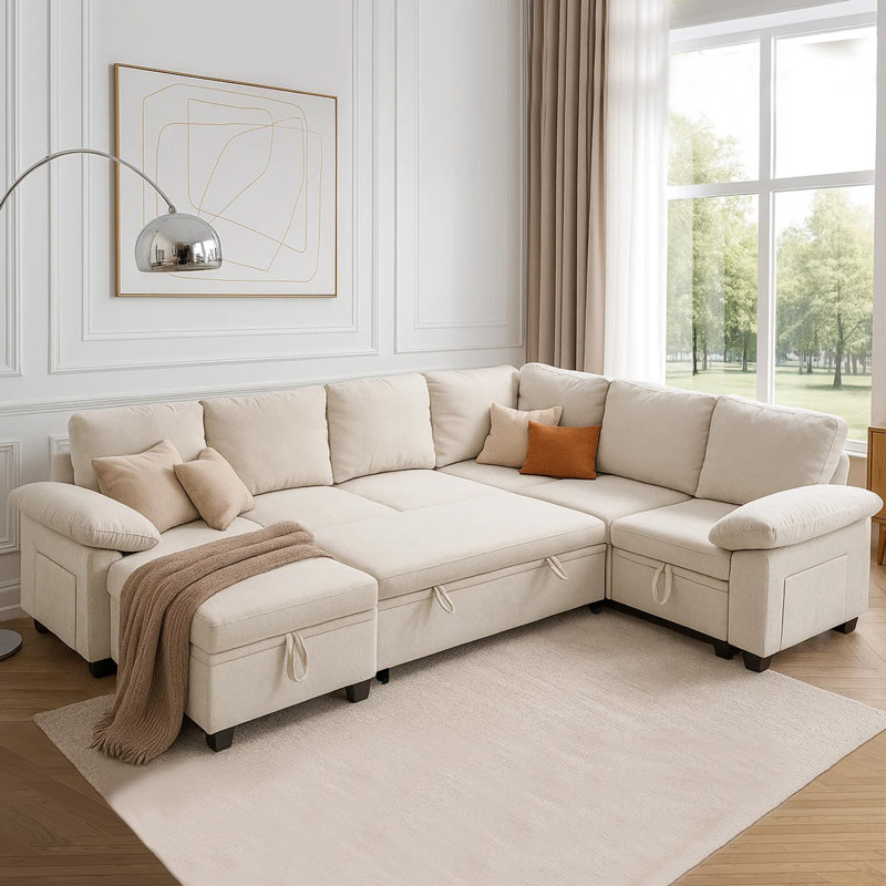 Canapé rembourré avec repose-pieds, Chenille beige