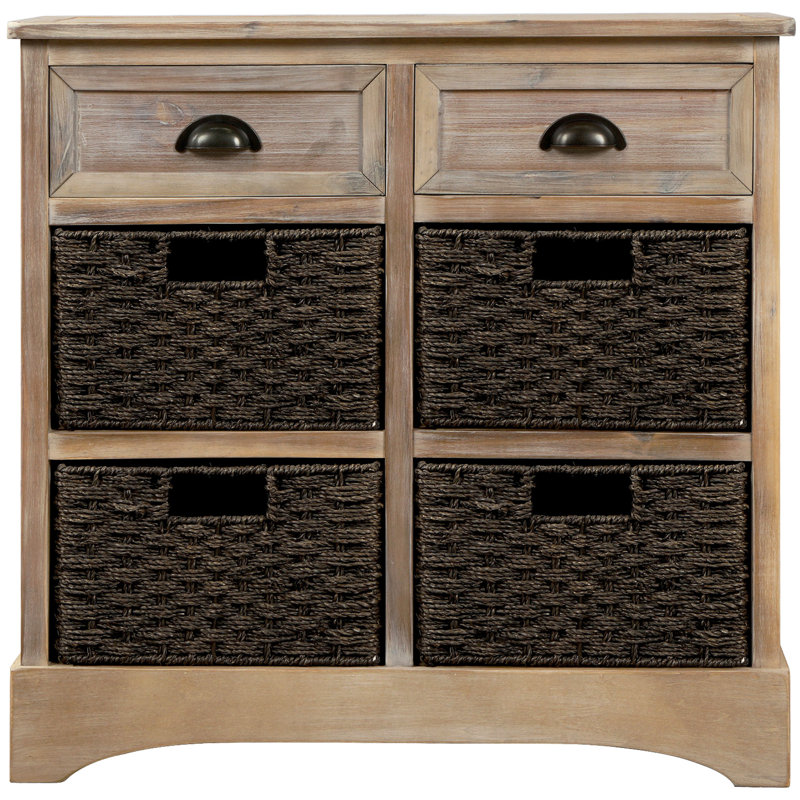Rustic Storage Cabinet with Two Drawers and Four Classic Rattan Basket Accent Cabinet, White Washed