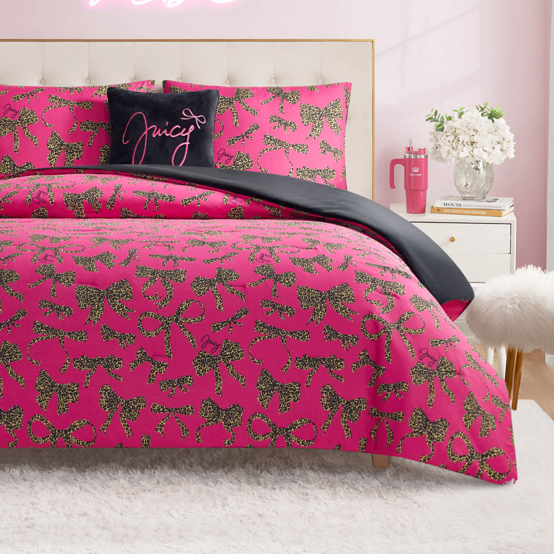 Juicy Couture Solid Plush Reversible Cheetah Bows Comforter Sets, King + 3 Additional Pieces