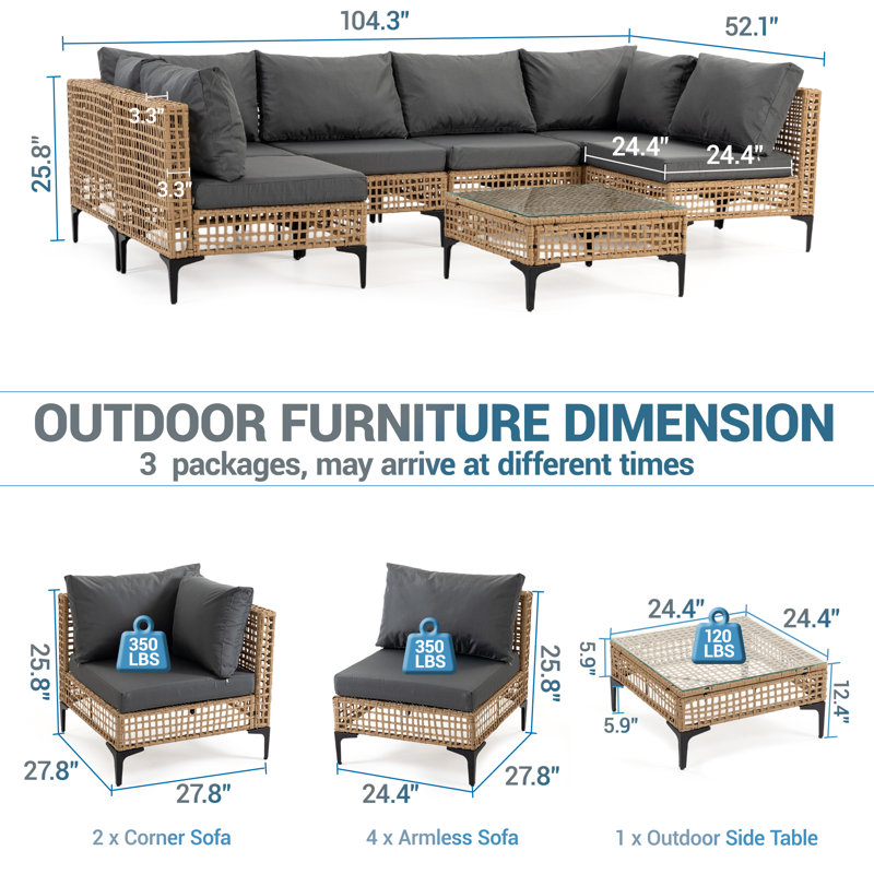 7 PCs Outdoor Sectional Sofa Set, Boho Wicker Rattan Patio Furniture with Cushions & Table for Patio, Lawn, Backyard, Porch, Grey