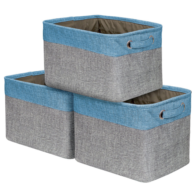 Aqua and Gray Fabric Collapsible Storage Bins with Handles, Set of 3