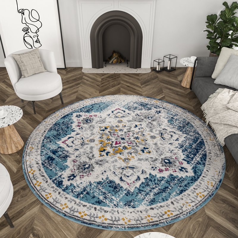 Blue Oriental Medallion Indoor Area Rug for Living Room, Dining Room, Bedroom, Rectangle 5'3" x 7'3"