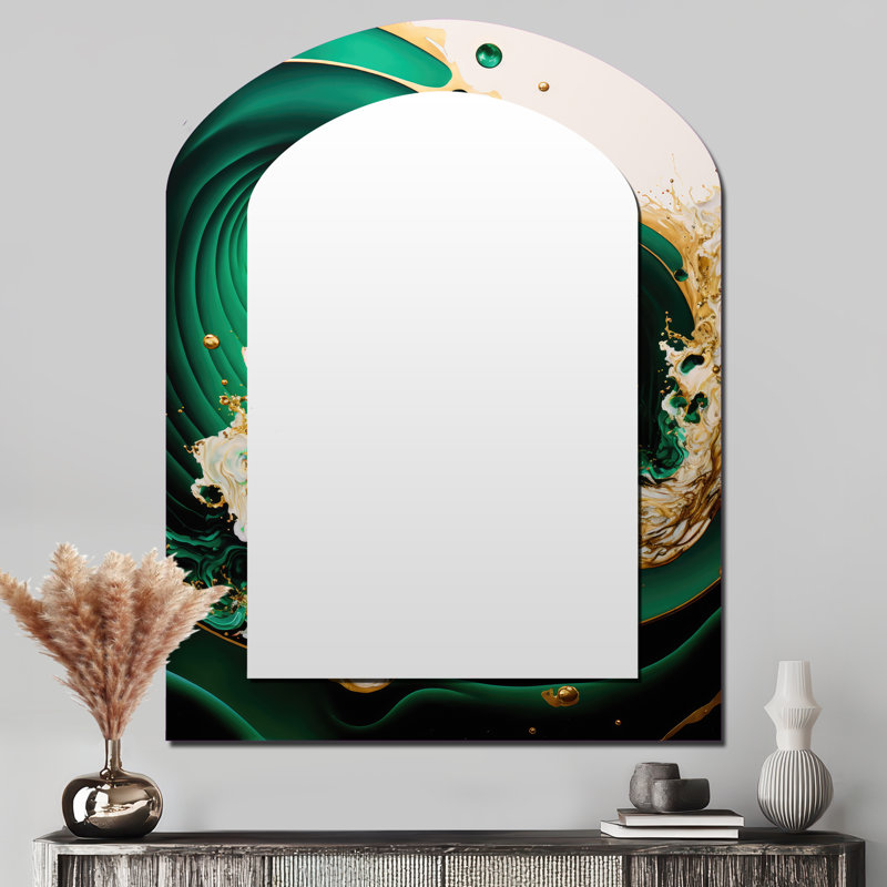 Miroir mural émeraude vert et or abstrait I - Green Arch, 43 po x 33 po
