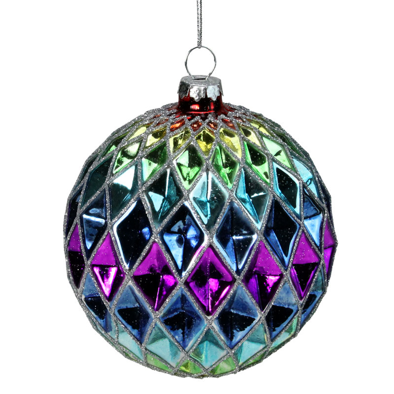 Ornement boule de Noël en verre arlequin de 3,75 po aux couleurs vives à 2 finitions