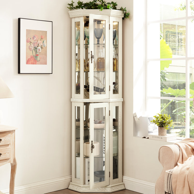 Armoire de coin blanche en verre à 3 côtés avec 4 tablettes réglables trempées, portes à accès facile et éclairage ambiant, présentez vos objets de collection avec style