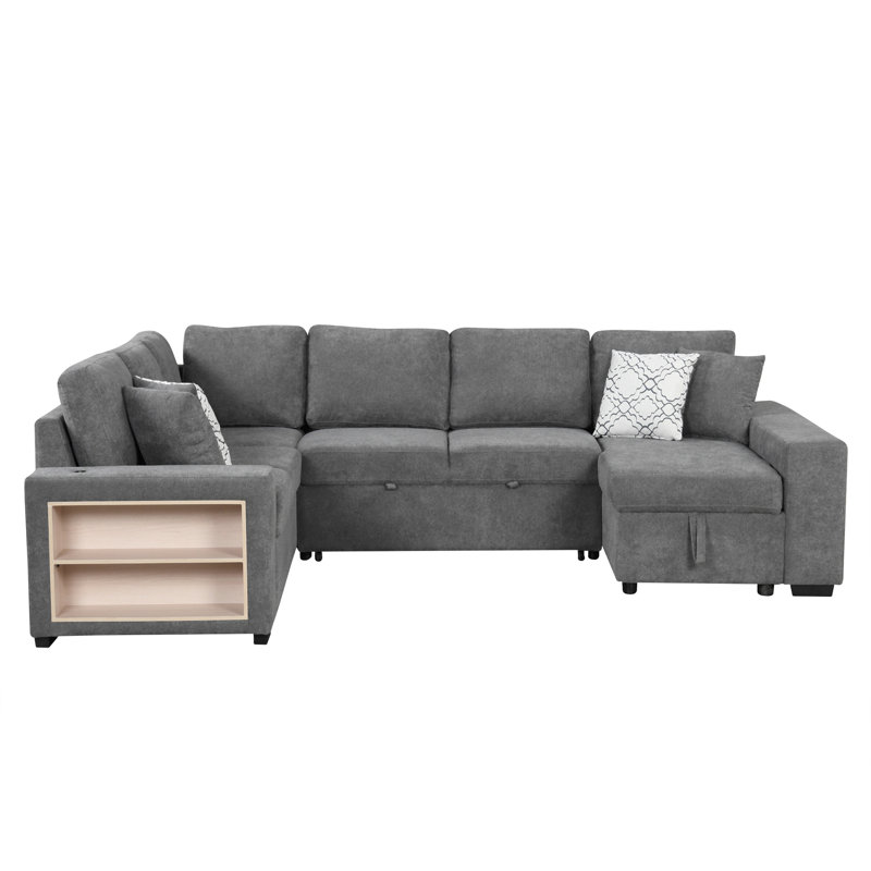 109" U-Shaped Sectional Sofa Pull-Out Sofa Bed With Two Usb Ports, A Storage Chaise Lounge And Four Back Pillows For Living Room