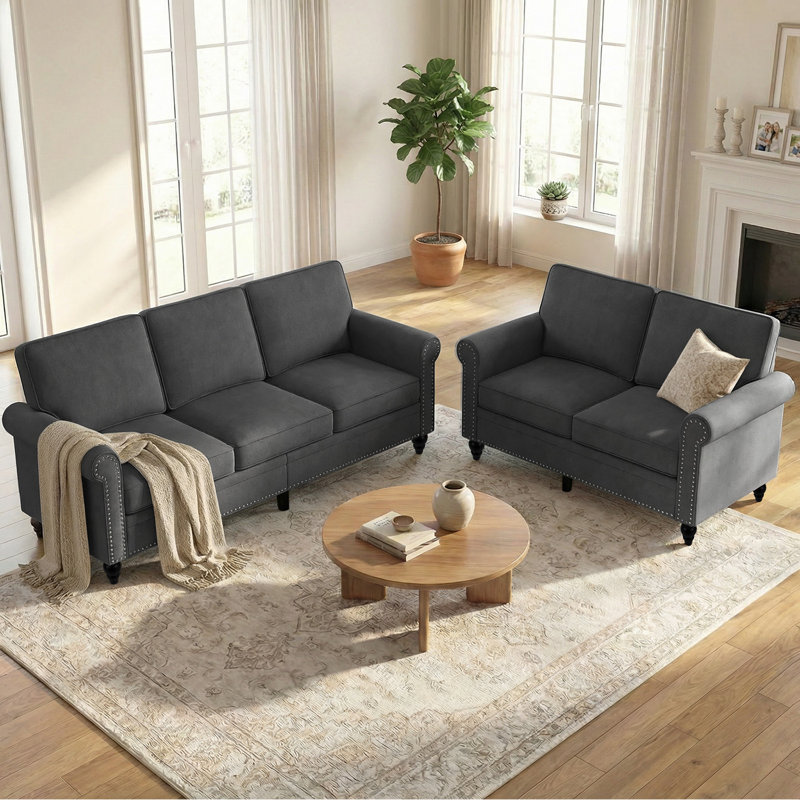  Ensemble de canapé modulaire en lin 2 pièces avec détails de rivets, Gris foncé