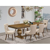 7-piece Modern Dining Set consists of a Wooden Table and 6 Linen Fabric Modern Dining Chairs with Button Tufted Back - (Finish Option).