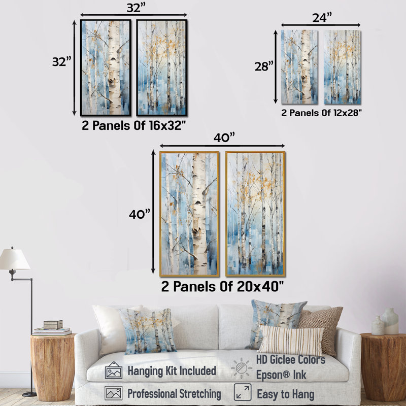 White Birch Trees Forest Winter Scenery - Tree Birch Canvas Prints Set Of 2, Wrapped Canvas, 40" H x 41" W