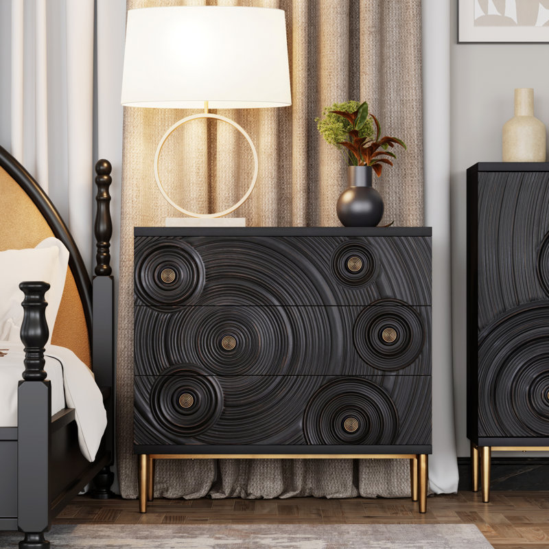 Black and Gold Embossed 3-Drawer Farmhouse Dresser