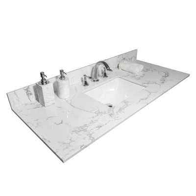 43x22 Inch Carrara White Engineered Stone Bathroom Vanity Top With Undermount Ceramic Sink & Backsplash