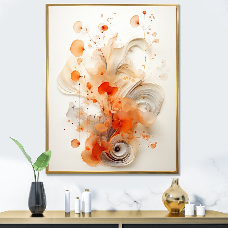 Orange symétrique en spirale IV - art mural géométrique, Cadre flottant doré, H 32 po x l 24 po x P 1 po