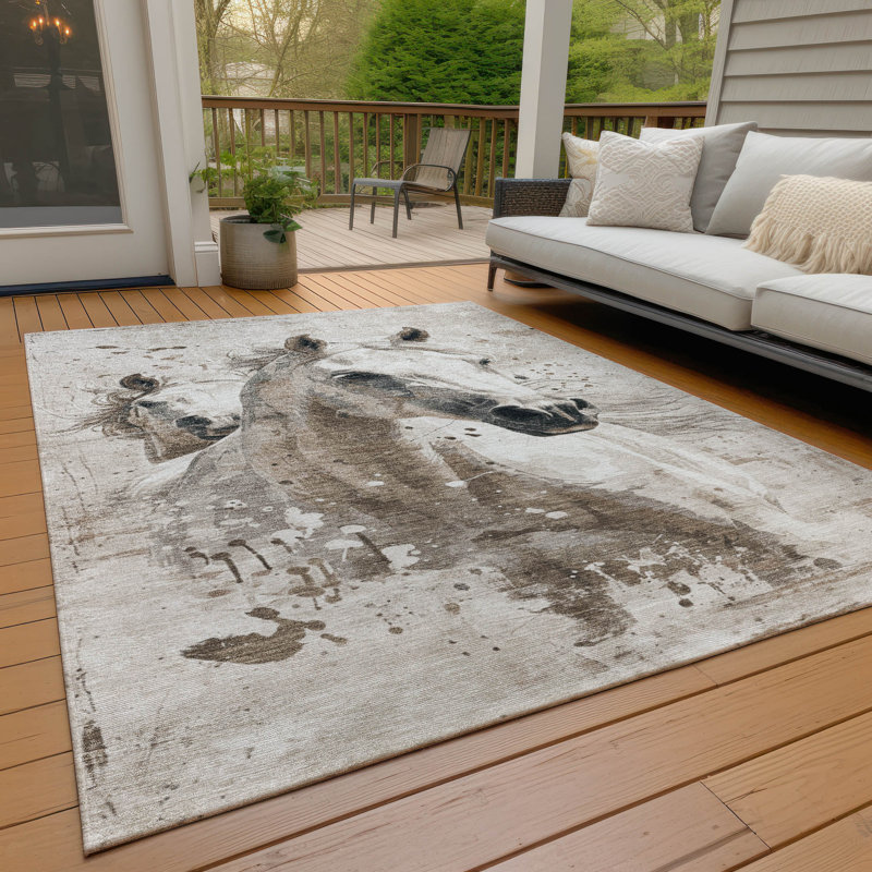 Ivory and Brown Horse Design Washable Synthetic Rug