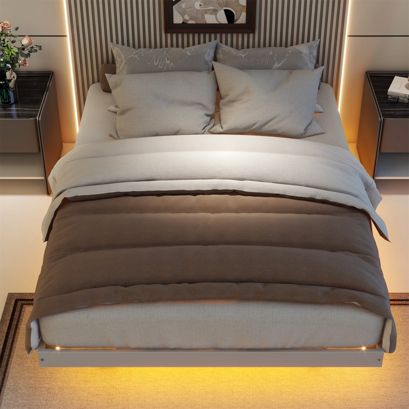 Modern Low Profile Platform Bed With LED Lights, Gray, Full / Double