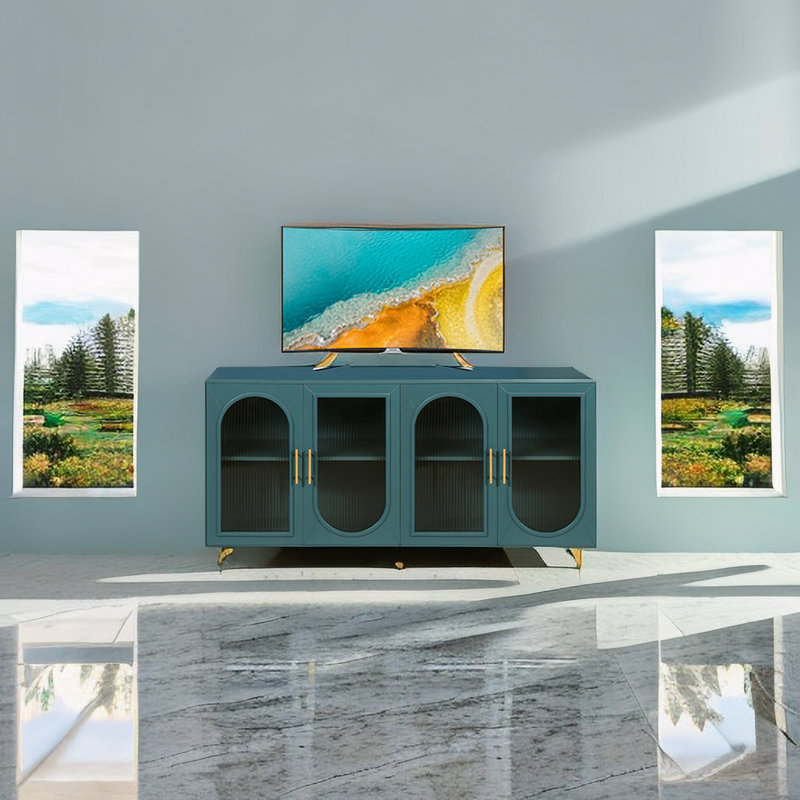 TV Stand , Wood TV Stand With Storage Cabinet & Adjustable Shelves, Media TV Console For Living Room Bedroom, Antique Blue