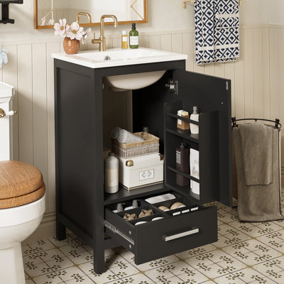18-Inch Modern Bathroom Vanity With Ceramic Sink, Soft-Close Drawers And Door Organizer, Divider Drawer, And Adjustable Plastic Foot Pads – Space-Saving Storage Solution