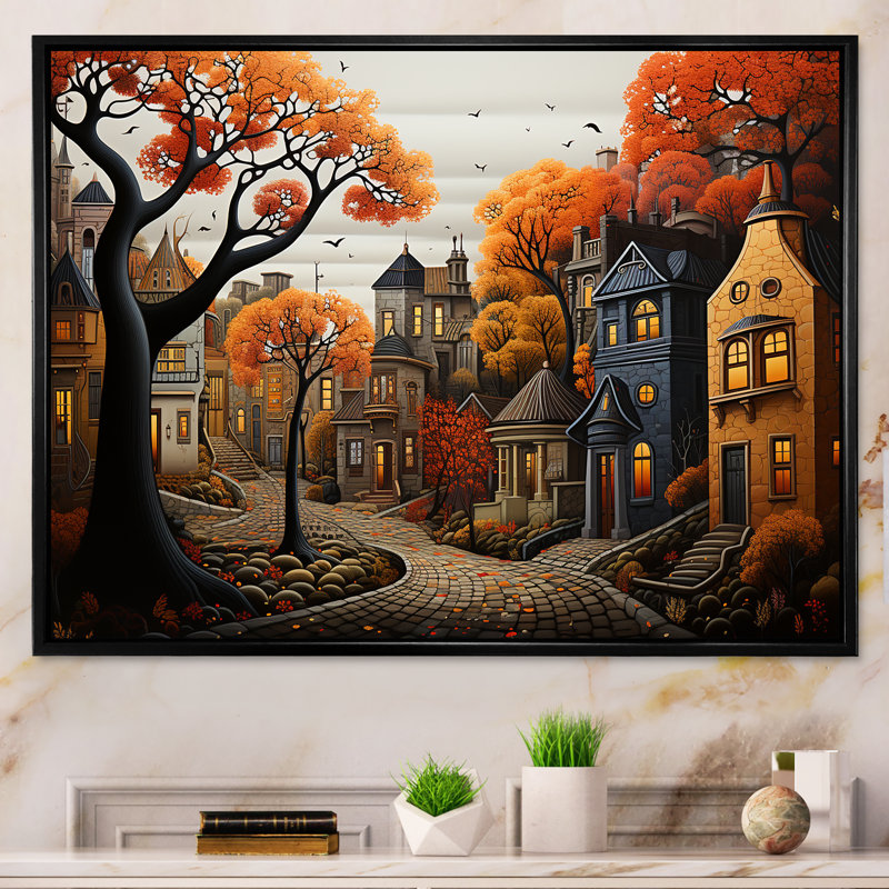 Cozy village in Autumn Moonlit III - Art mural art déco urbain, Cadre flottant noir, H 34 po x l 44 po x P 1,5 po