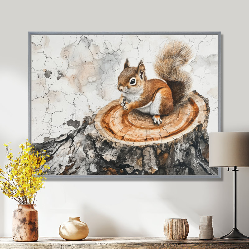 Angella, écureuil mignon sur une glissoire en bois, forêt IV - écureuil, art mural sur toile, H 16 po x l 32 po