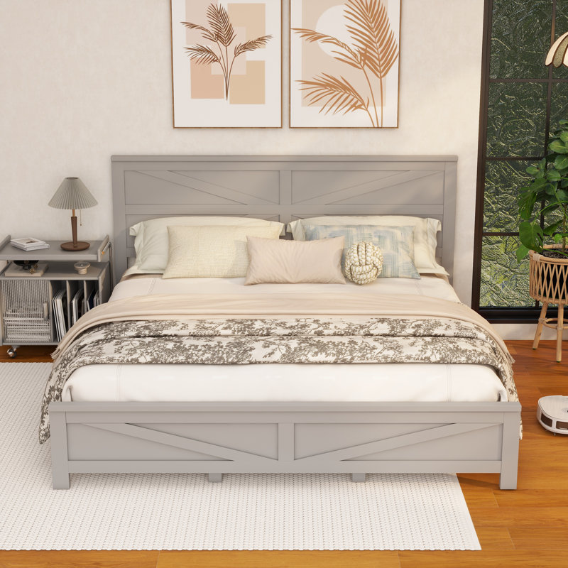Tête de lit et pied de lit de style campagnard grand avec porte de grange de style campagnard, lit en bois de pin avec cadre de lit renforcé, gris
