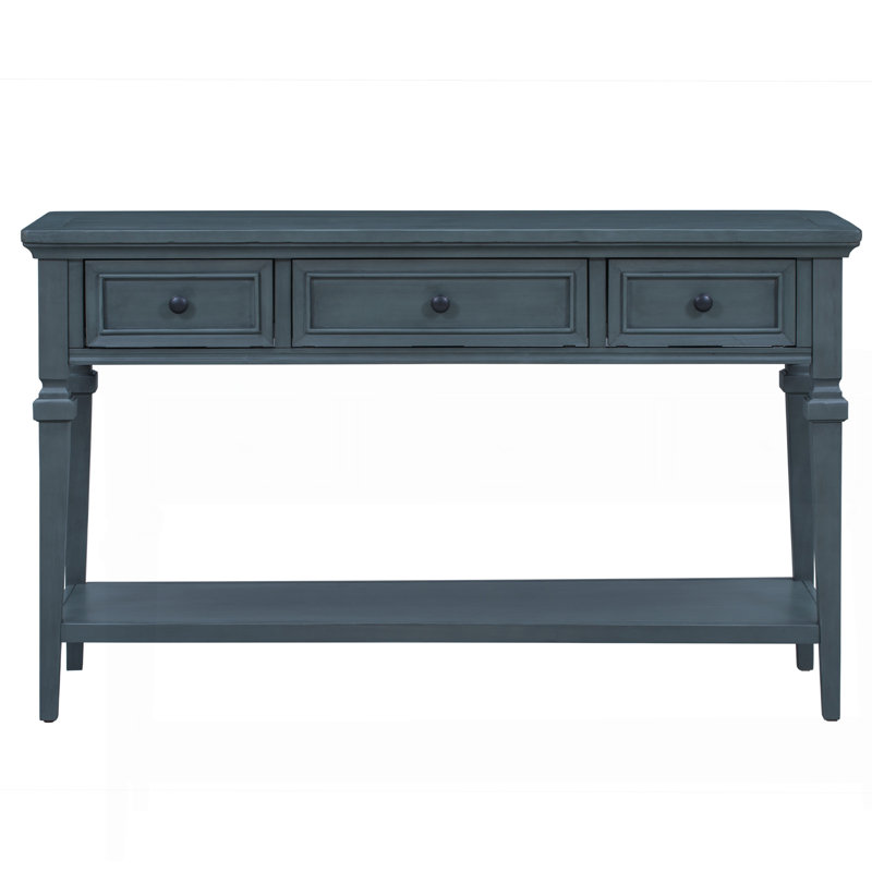 Console de style rétro classique avec trois tiroirs supérieurs et une tablette inférieure de style ouvert, facile à assembler (bleu marine)