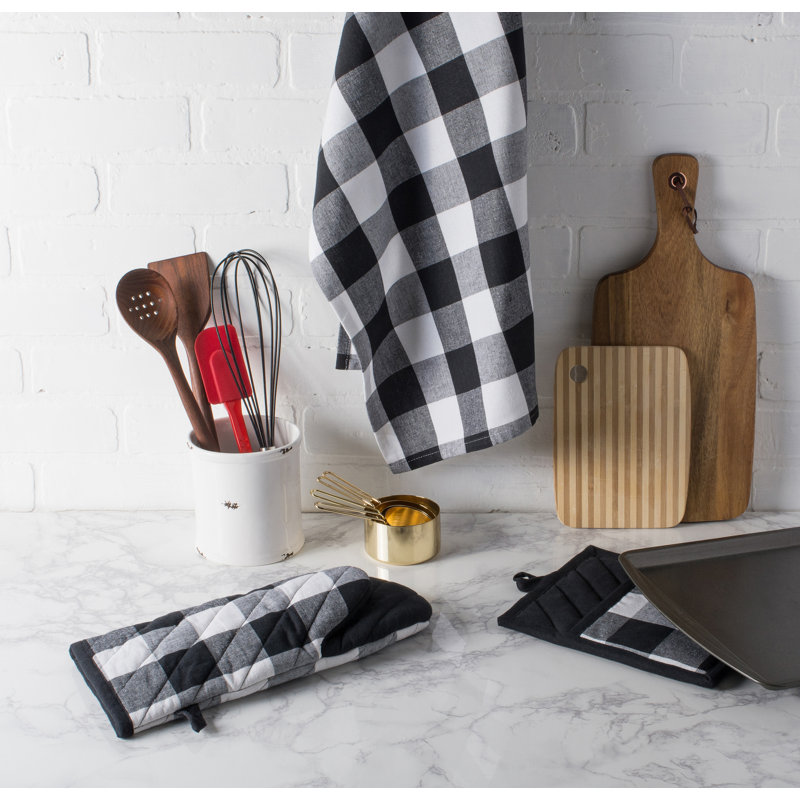 Gracie Oaks Wolsingham Gingham Cotton Oven Mitt Set, Black