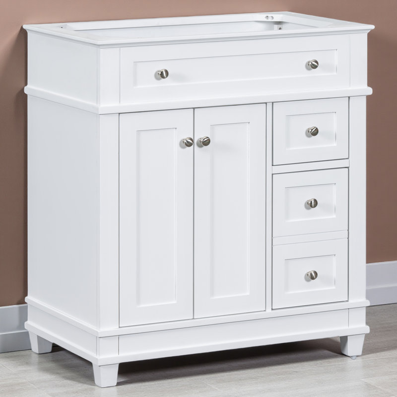 Armoire de salle de bain 30 po sans lavabo, meuble-lavabo autoportant avec 2 tiroirs et portes à fermeture douce, armoire de salle de bain avec cadre en bois massif, blanc (PAS D'ÉVIER INCLUS)