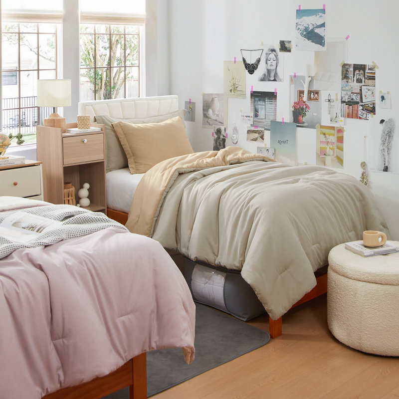 Double Brushed Microfiber Reversible Twin XL Comforter Set, Oat Milk/Marzipan