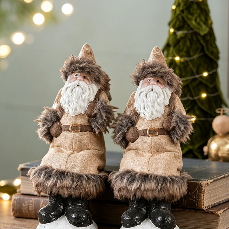 Paquet de 2 décorations de gnome de Noël en céramique, gnome rustique beige et blanc