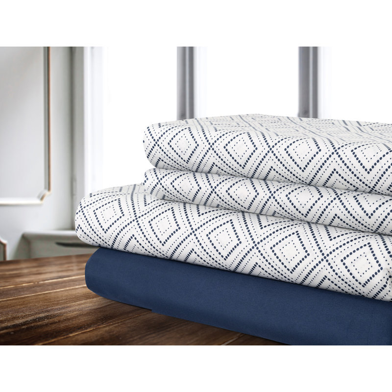 Ensemble de draps à motif géométrique, Ensemble de draps pour grand lit + drap-housse + 2, Bleu marine