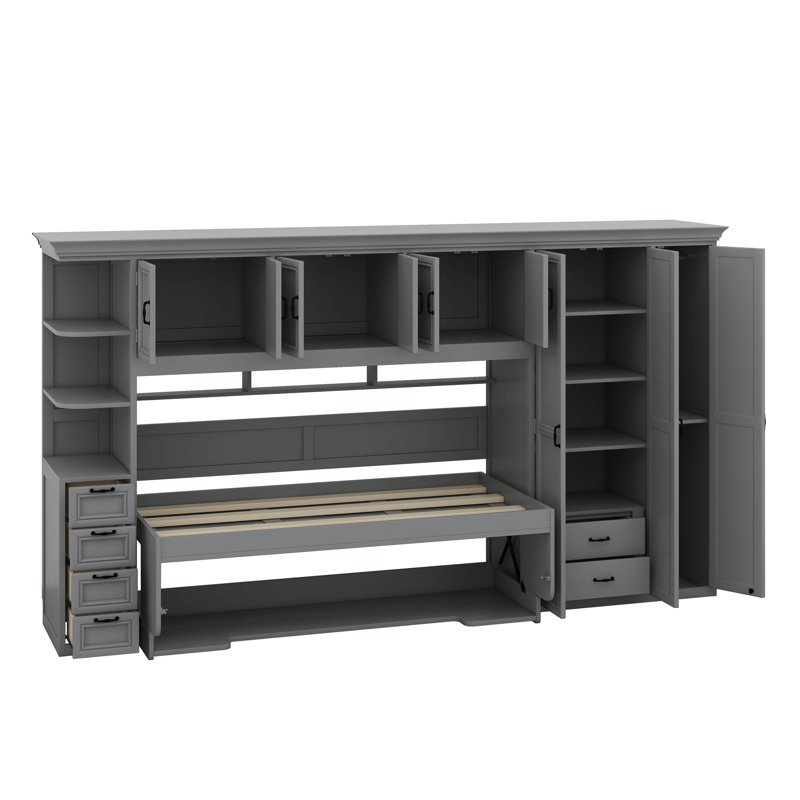 Lit escamotable simple avec bureau, lit mural pliable en bois multifonctionnel avec garde-robe, tiroirs et unités de rangement