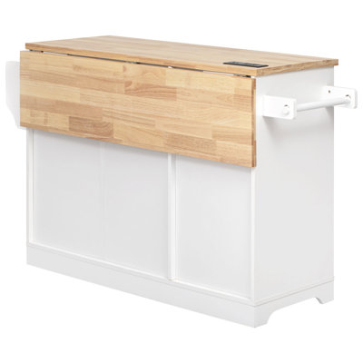 59.3" Kitchen Island With Storage 2 Pull Out Cabinet Organizers & Rubber Wood Drop Leaf, Rolling Kitchen Island With Trash Can Storage, Power Outlet, Spice & Towel Rack For Kitchen, Dining, White