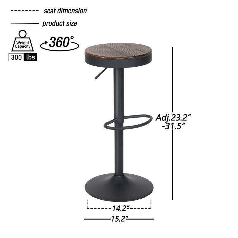 Swivel Wood Seat Bar Stools Adjustable-Height Backless Counter Stool With Metal Frame, Walnut Seat / Black Frame