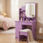 Bureau de coiffeuse mauve avec miroir lumineux, 5 tiroirs et tablettes de rangement, lumières DEL 3 couleurs, coiffeuse de chambre à coucher