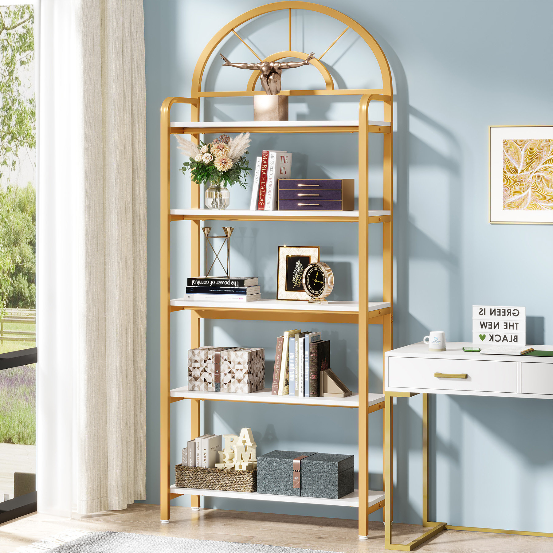 Mercer41 5 Tiers Bookshelf Modern Arched Bookcase Gold Storage Rack ...