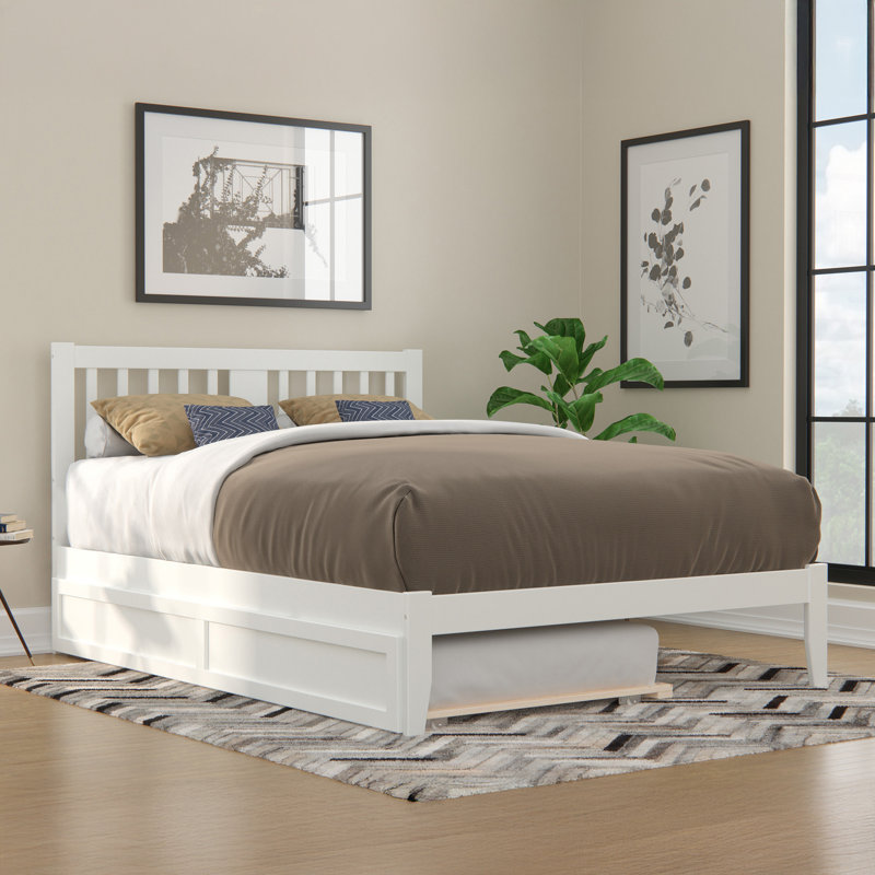 Lit plateforme avec rangement en bois massif Zosia, Simple, Blanc