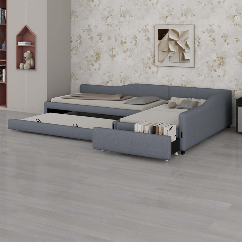 Upholstered Double Daybed With Trundle And Drawer, Gray