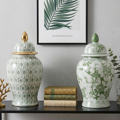 Set Of 2 Decorative Ceramic Jars With Lids For Home Decor Styling - Floral Chinoiserie & Palm Pattern Tall Tabletop Accent Jars - 18", Green & White