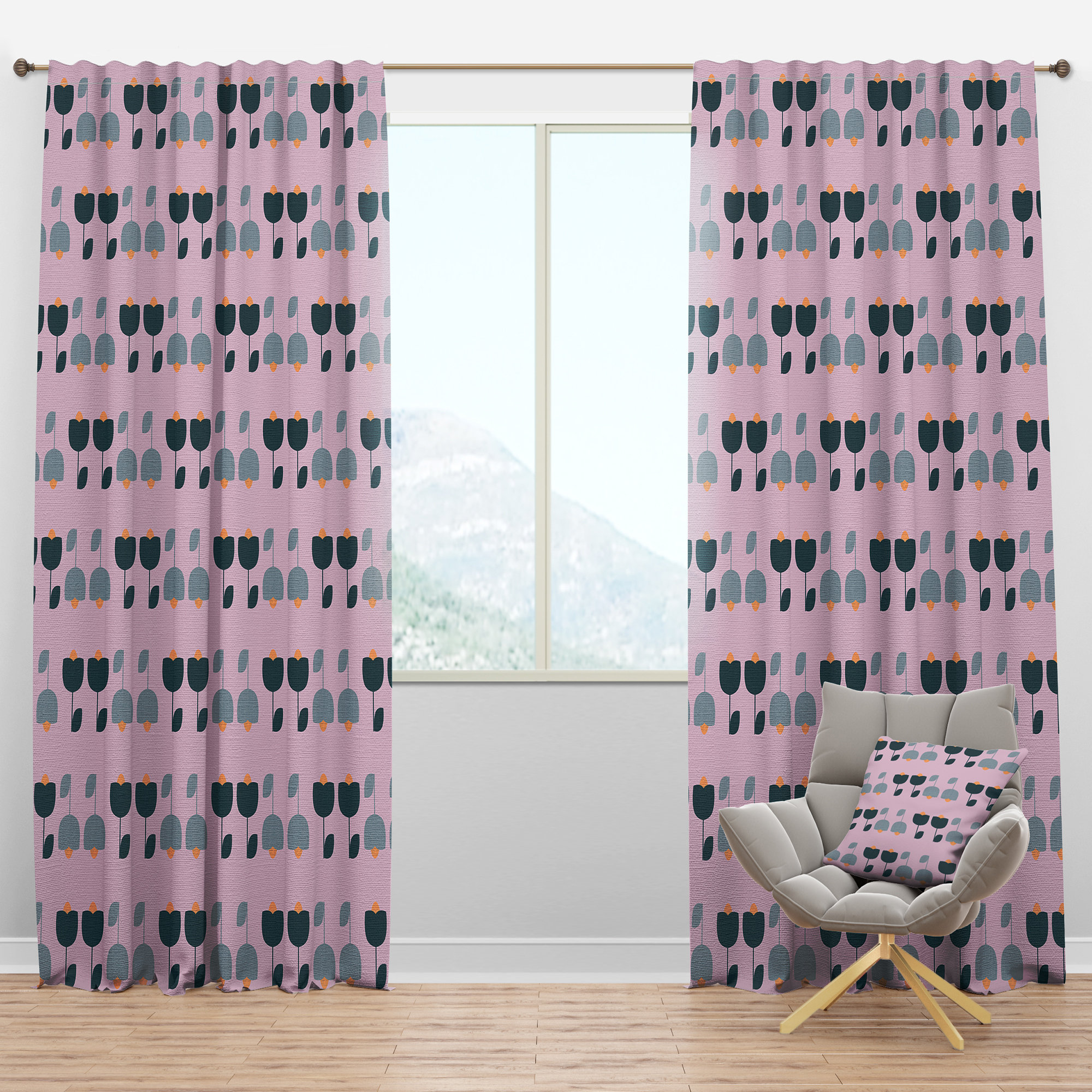 Design Art Retro Floral Pattern XIII - Mid-Century Curtain - Velvet