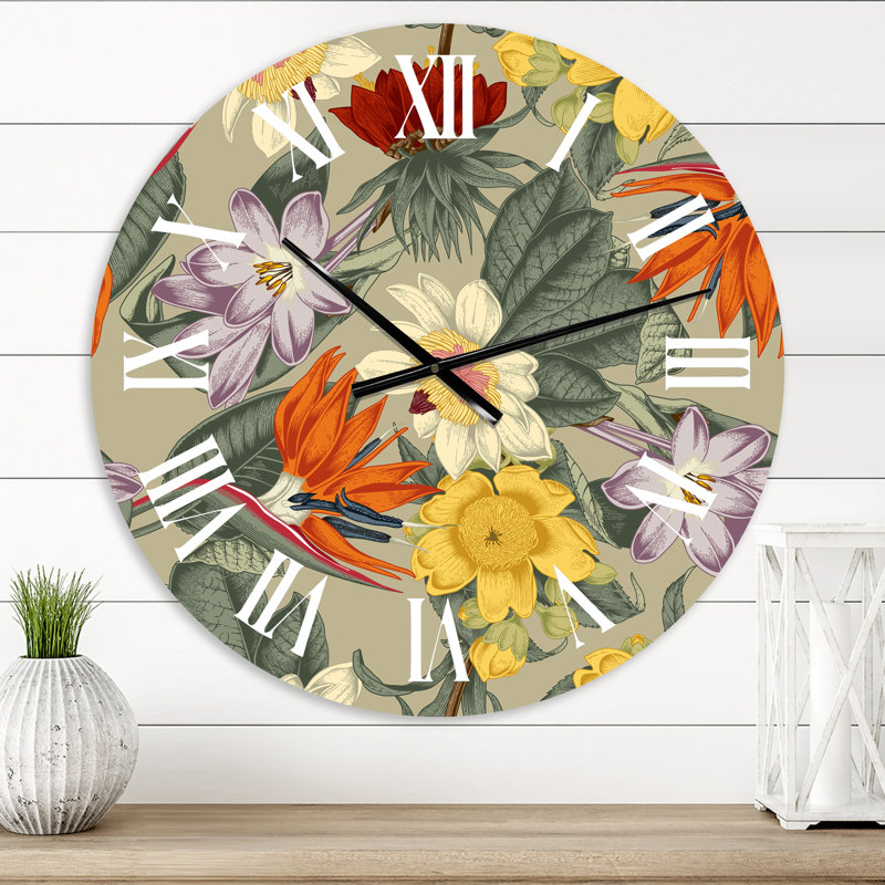 Horloge murale traditionnelle avec fleurs exotiques rétro orange et jaune, Petit