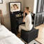 Coiffeuse moderne noire à plateau rabattable avec miroir lumineux, tiroir de rangement, plateau latéral coulissant et tabouret rembourré - Meuble de chambre multifonctionnel-869320673