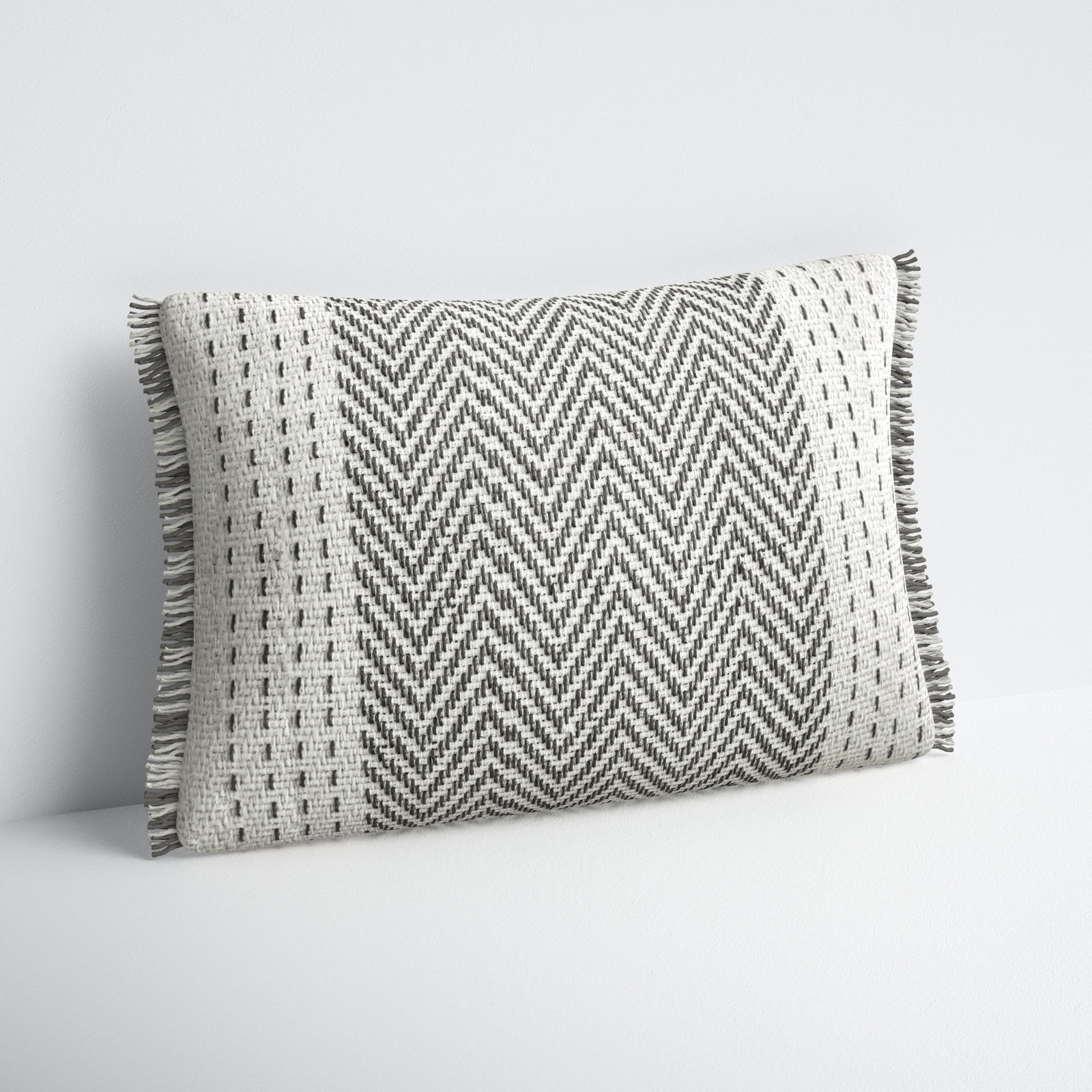 Carey Fringed Cotton Lumbar Pillow Cover, Gray/Ivory