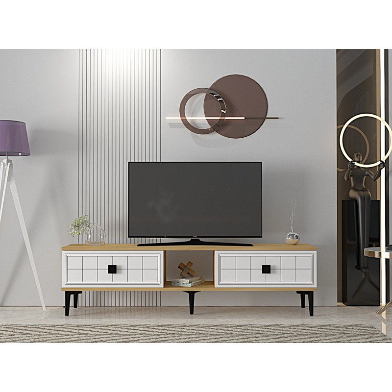 Modern TV Stand in Sapphire Oak & White, 59.1 x 16.1 x 15.7 inches | 100% Melamine Coated Particle Board, Thickness: 0.7 inches | Wall-Mountable, Geometric Design for Stylish Home Entertainment Setup